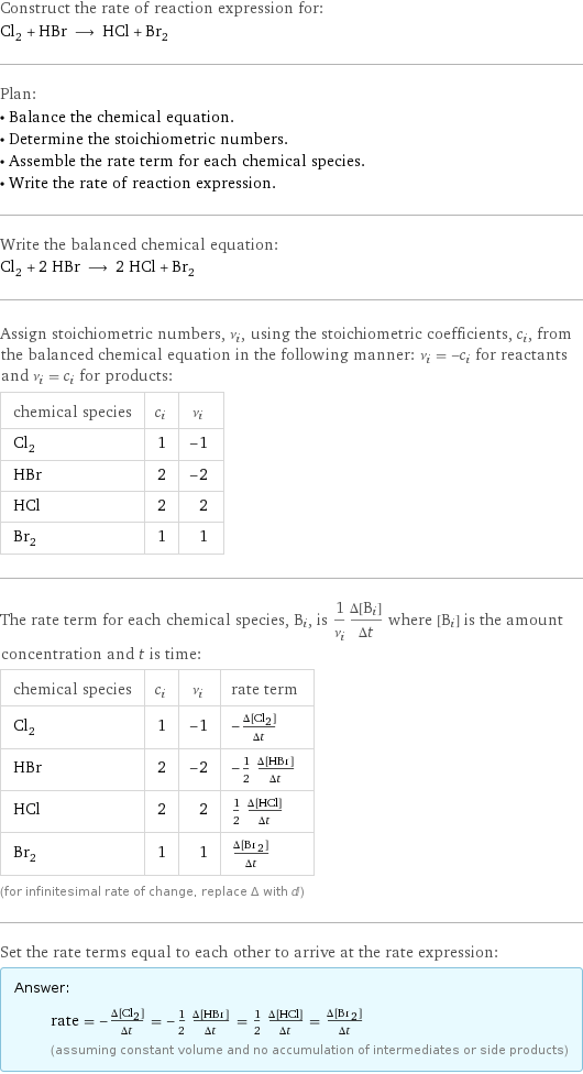 Construct the rate of reaction expression for: Cl_2 + HBr ⟶ HCl + Br_2 Plan: • Balance the chemical equation. • Determine the stoichiometric numbers. • Assemble the rate term for each chemical species. • Write the rate of reaction expression. Write the balanced chemical equation: Cl_2 + 2 HBr ⟶ 2 HCl + Br_2 Assign stoichiometric numbers, ν_i, using the stoichiometric coefficients, c_i, from the balanced chemical equation in the following manner: ν_i = -c_i for reactants and ν_i = c_i for products: chemical species | c_i | ν_i Cl_2 | 1 | -1 HBr | 2 | -2 HCl | 2 | 2 Br_2 | 1 | 1 The rate term for each chemical species, B_i, is 1/ν_i(Δ[B_i])/(Δt) where [B_i] is the amount concentration and t is time: chemical species | c_i | ν_i | rate term Cl_2 | 1 | -1 | -(Δ[Cl2])/(Δt) HBr | 2 | -2 | -1/2 (Δ[HBr])/(Δt) HCl | 2 | 2 | 1/2 (Δ[HCl])/(Δt) Br_2 | 1 | 1 | (Δ[Br2])/(Δt) (for infinitesimal rate of change, replace Δ with d) Set the rate terms equal to each other to arrive at the rate expression: Answer: |   | rate = -(Δ[Cl2])/(Δt) = -1/2 (Δ[HBr])/(Δt) = 1/2 (Δ[HCl])/(Δt) = (Δ[Br2])/(Δt) (assuming constant volume and no accumulation of intermediates or side products)