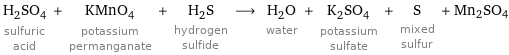 H_2SO_4 sulfuric acid + KMnO_4 potassium permanganate + H_2S hydrogen sulfide ⟶ H_2O water + K_2SO_4 potassium sulfate + S mixed sulfur + Mn2SO4