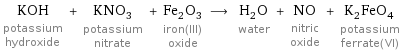 KOH potassium hydroxide + KNO_3 potassium nitrate + Fe_2O_3 iron(III) oxide ⟶ H_2O water + NO nitric oxide + K_2FeO_4 potassium ferrate(VI)