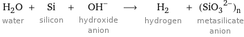 H_2O water + Si silicon + (OH)^- hydroxide anion ⟶ H_2 hydrogen + (SiO_3^(2-))_n metasilicate anion