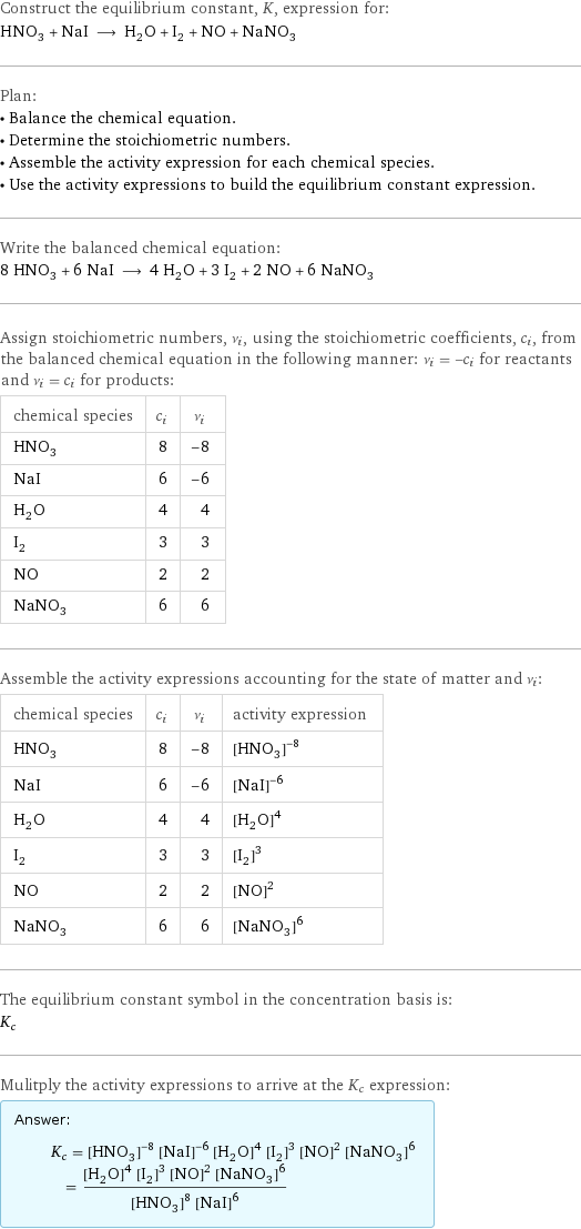 Construct the equilibrium constant, K, expression for: HNO_3 + NaI ⟶ H_2O + I_2 + NO + NaNO_3 Plan: • Balance the chemical equation. • Determine the stoichiometric numbers. • Assemble the activity expression for each chemical species. • Use the activity expressions to build the equilibrium constant expression. Write the balanced chemical equation: 8 HNO_3 + 6 NaI ⟶ 4 H_2O + 3 I_2 + 2 NO + 6 NaNO_3 Assign stoichiometric numbers, ν_i, using the stoichiometric coefficients, c_i, from the balanced chemical equation in the following manner: ν_i = -c_i for reactants and ν_i = c_i for products: chemical species | c_i | ν_i HNO_3 | 8 | -8 NaI | 6 | -6 H_2O | 4 | 4 I_2 | 3 | 3 NO | 2 | 2 NaNO_3 | 6 | 6 Assemble the activity expressions accounting for the state of matter and ν_i: chemical species | c_i | ν_i | activity expression HNO_3 | 8 | -8 | ([HNO3])^(-8) NaI | 6 | -6 | ([NaI])^(-6) H_2O | 4 | 4 | ([H2O])^4 I_2 | 3 | 3 | ([I2])^3 NO | 2 | 2 | ([NO])^2 NaNO_3 | 6 | 6 | ([NaNO3])^6 The equilibrium constant symbol in the concentration basis is: K_c Mulitply the activity expressions to arrive at the K_c expression: Answer: |   | K_c = ([HNO3])^(-8) ([NaI])^(-6) ([H2O])^4 ([I2])^3 ([NO])^2 ([NaNO3])^6 = (([H2O])^4 ([I2])^3 ([NO])^2 ([NaNO3])^6)/(([HNO3])^8 ([NaI])^6)