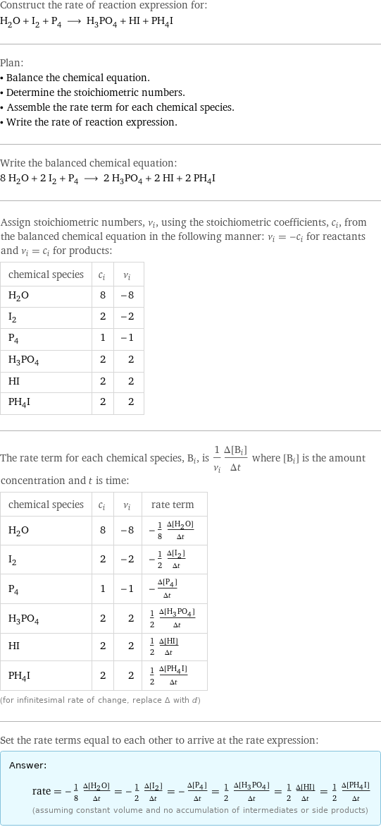 Construct the rate of reaction expression for: H_2O + I_2 + P_4 ⟶ H_3PO_4 + HI + PH_4I Plan: • Balance the chemical equation. • Determine the stoichiometric numbers. • Assemble the rate term for each chemical species. • Write the rate of reaction expression. Write the balanced chemical equation: 8 H_2O + 2 I_2 + P_4 ⟶ 2 H_3PO_4 + 2 HI + 2 PH_4I Assign stoichiometric numbers, ν_i, using the stoichiometric coefficients, c_i, from the balanced chemical equation in the following manner: ν_i = -c_i for reactants and ν_i = c_i for products: chemical species | c_i | ν_i H_2O | 8 | -8 I_2 | 2 | -2 P_4 | 1 | -1 H_3PO_4 | 2 | 2 HI | 2 | 2 PH_4I | 2 | 2 The rate term for each chemical species, B_i, is 1/ν_i(Δ[B_i])/(Δt) where [B_i] is the amount concentration and t is time: chemical species | c_i | ν_i | rate term H_2O | 8 | -8 | -1/8 (Δ[H2O])/(Δt) I_2 | 2 | -2 | -1/2 (Δ[I2])/(Δt) P_4 | 1 | -1 | -(Δ[P4])/(Δt) H_3PO_4 | 2 | 2 | 1/2 (Δ[H3PO4])/(Δt) HI | 2 | 2 | 1/2 (Δ[HI])/(Δt) PH_4I | 2 | 2 | 1/2 (Δ[PH4I])/(Δt) (for infinitesimal rate of change, replace Δ with d) Set the rate terms equal to each other to arrive at the rate expression: Answer: |   | rate = -1/8 (Δ[H2O])/(Δt) = -1/2 (Δ[I2])/(Δt) = -(Δ[P4])/(Δt) = 1/2 (Δ[H3PO4])/(Δt) = 1/2 (Δ[HI])/(Δt) = 1/2 (Δ[PH4I])/(Δt) (assuming constant volume and no accumulation of intermediates or side products)