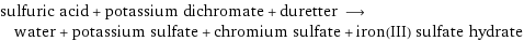 sulfuric acid + potassium dichromate + duretter ⟶ water + potassium sulfate + chromium sulfate + iron(III) sulfate hydrate