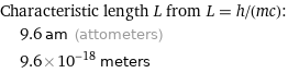 Characteristic length L from L = h/(mc):  | 9.6 am (attometers)  | 9.6×10^-18 meters