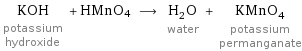 KOH potassium hydroxide + HMnO4 ⟶ H_2O water + KMnO_4 potassium permanganate