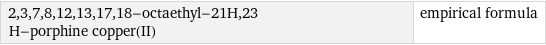 2, 3, 7, 8, 12, 13, 17, 18-octaethyl-21H, 23 H-porphine copper(II) | empirical formula