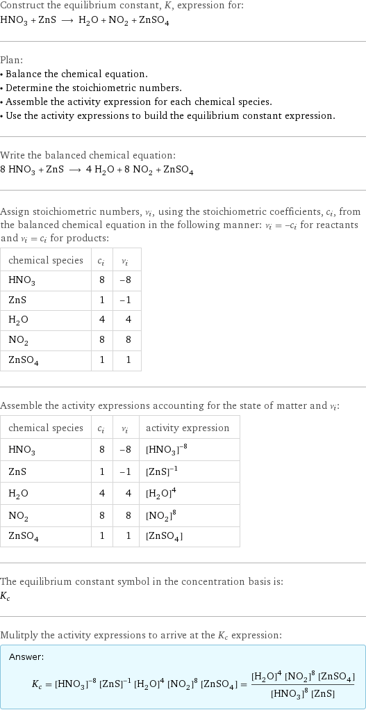 Construct the equilibrium constant, K, expression for: HNO_3 + ZnS ⟶ H_2O + NO_2 + ZnSO_4 Plan: • Balance the chemical equation. • Determine the stoichiometric numbers. • Assemble the activity expression for each chemical species. • Use the activity expressions to build the equilibrium constant expression. Write the balanced chemical equation: 8 HNO_3 + ZnS ⟶ 4 H_2O + 8 NO_2 + ZnSO_4 Assign stoichiometric numbers, ν_i, using the stoichiometric coefficients, c_i, from the balanced chemical equation in the following manner: ν_i = -c_i for reactants and ν_i = c_i for products: chemical species | c_i | ν_i HNO_3 | 8 | -8 ZnS | 1 | -1 H_2O | 4 | 4 NO_2 | 8 | 8 ZnSO_4 | 1 | 1 Assemble the activity expressions accounting for the state of matter and ν_i: chemical species | c_i | ν_i | activity expression HNO_3 | 8 | -8 | ([HNO3])^(-8) ZnS | 1 | -1 | ([ZnS])^(-1) H_2O | 4 | 4 | ([H2O])^4 NO_2 | 8 | 8 | ([NO2])^8 ZnSO_4 | 1 | 1 | [ZnSO4] The equilibrium constant symbol in the concentration basis is: K_c Mulitply the activity expressions to arrive at the K_c expression: Answer: |   | K_c = ([HNO3])^(-8) ([ZnS])^(-1) ([H2O])^4 ([NO2])^8 [ZnSO4] = (([H2O])^4 ([NO2])^8 [ZnSO4])/(([HNO3])^8 [ZnS])