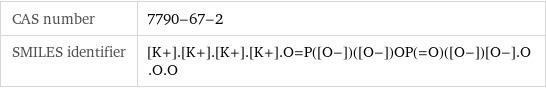 CAS number | 7790-67-2 SMILES identifier | [K+].[K+].[K+].[K+].O=P([O-])([O-])OP(=O)([O-])[O-].O.O.O