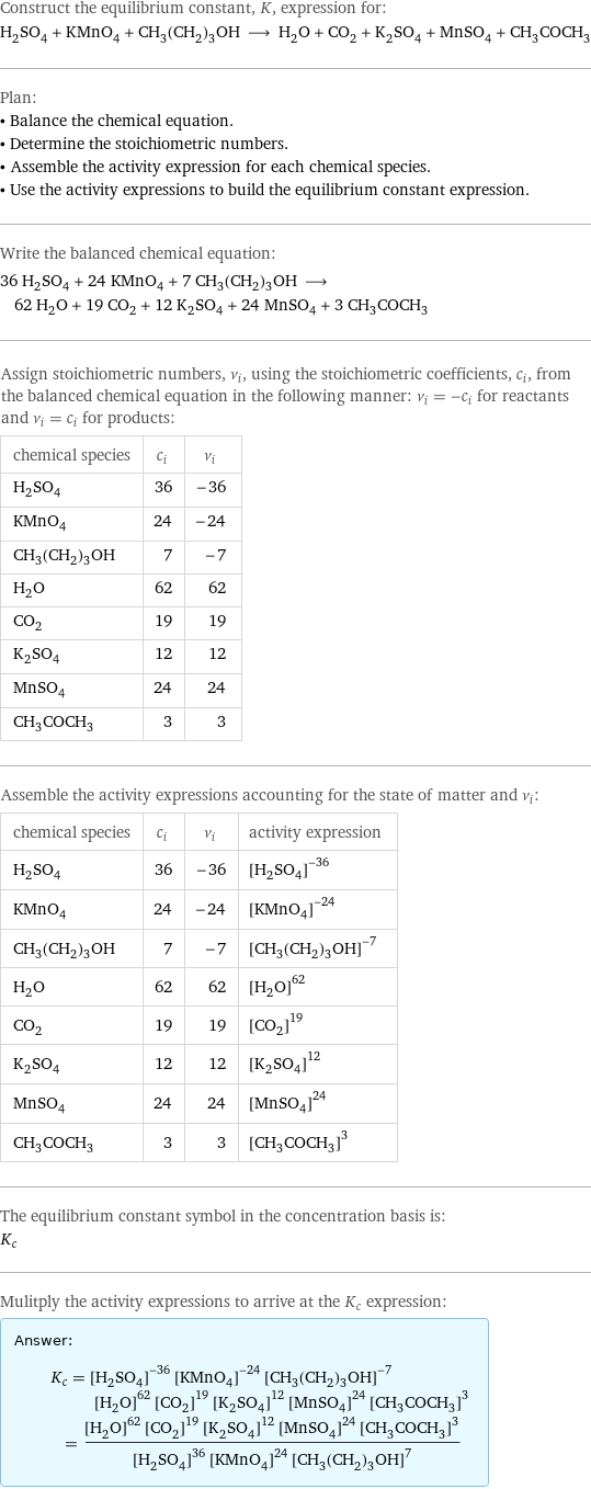 Construct the equilibrium constant, K, expression for: H_2SO_4 + KMnO_4 + CH_3(CH_2)_3OH ⟶ H_2O + CO_2 + K_2SO_4 + MnSO_4 + CH_3COCH_3 Plan: • Balance the chemical equation. • Determine the stoichiometric numbers. • Assemble the activity expression for each chemical species. • Use the activity expressions to build the equilibrium constant expression. Write the balanced chemical equation: 36 H_2SO_4 + 24 KMnO_4 + 7 CH_3(CH_2)_3OH ⟶ 62 H_2O + 19 CO_2 + 12 K_2SO_4 + 24 MnSO_4 + 3 CH_3COCH_3 Assign stoichiometric numbers, ν_i, using the stoichiometric coefficients, c_i, from the balanced chemical equation in the following manner: ν_i = -c_i for reactants and ν_i = c_i for products: chemical species | c_i | ν_i H_2SO_4 | 36 | -36 KMnO_4 | 24 | -24 CH_3(CH_2)_3OH | 7 | -7 H_2O | 62 | 62 CO_2 | 19 | 19 K_2SO_4 | 12 | 12 MnSO_4 | 24 | 24 CH_3COCH_3 | 3 | 3 Assemble the activity expressions accounting for the state of matter and ν_i: chemical species | c_i | ν_i | activity expression H_2SO_4 | 36 | -36 | ([H2SO4])^(-36) KMnO_4 | 24 | -24 | ([KMnO4])^(-24) CH_3(CH_2)_3OH | 7 | -7 | ([CH3(CH2)3OH])^(-7) H_2O | 62 | 62 | ([H2O])^62 CO_2 | 19 | 19 | ([CO2])^19 K_2SO_4 | 12 | 12 | ([K2SO4])^12 MnSO_4 | 24 | 24 | ([MnSO4])^24 CH_3COCH_3 | 3 | 3 | ([CH3COCH3])^3 The equilibrium constant symbol in the concentration basis is: K_c Mulitply the activity expressions to arrive at the K_c expression: Answer: |   | K_c = ([H2SO4])^(-36) ([KMnO4])^(-24) ([CH3(CH2)3OH])^(-7) ([H2O])^62 ([CO2])^19 ([K2SO4])^12 ([MnSO4])^24 ([CH3COCH3])^3 = (([H2O])^62 ([CO2])^19 ([K2SO4])^12 ([MnSO4])^24 ([CH3COCH3])^3)/(([H2SO4])^36 ([KMnO4])^24 ([CH3(CH2)3OH])^7)