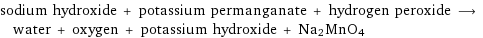 sodium hydroxide + potassium permanganate + hydrogen peroxide ⟶ water + oxygen + potassium hydroxide + Na2MnO4