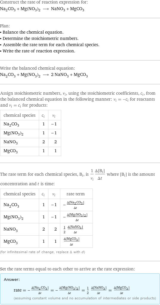 Construct the rate of reaction expression for: Na_2CO_3 + Mg(NO_3)_2 ⟶ NaNO_3 + MgCO_3 Plan: • Balance the chemical equation. • Determine the stoichiometric numbers. • Assemble the rate term for each chemical species. • Write the rate of reaction expression. Write the balanced chemical equation: Na_2CO_3 + Mg(NO_3)_2 ⟶ 2 NaNO_3 + MgCO_3 Assign stoichiometric numbers, ν_i, using the stoichiometric coefficients, c_i, from the balanced chemical equation in the following manner: ν_i = -c_i for reactants and ν_i = c_i for products: chemical species | c_i | ν_i Na_2CO_3 | 1 | -1 Mg(NO_3)_2 | 1 | -1 NaNO_3 | 2 | 2 MgCO_3 | 1 | 1 The rate term for each chemical species, B_i, is 1/ν_i(Δ[B_i])/(Δt) where [B_i] is the amount concentration and t is time: chemical species | c_i | ν_i | rate term Na_2CO_3 | 1 | -1 | -(Δ[Na2CO3])/(Δt) Mg(NO_3)_2 | 1 | -1 | -(Δ[Mg(NO3)2])/(Δt) NaNO_3 | 2 | 2 | 1/2 (Δ[NaNO3])/(Δt) MgCO_3 | 1 | 1 | (Δ[MgCO3])/(Δt) (for infinitesimal rate of change, replace Δ with d) Set the rate terms equal to each other to arrive at the rate expression: Answer: |   | rate = -(Δ[Na2CO3])/(Δt) = -(Δ[Mg(NO3)2])/(Δt) = 1/2 (Δ[NaNO3])/(Δt) = (Δ[MgCO3])/(Δt) (assuming constant volume and no accumulation of intermediates or side products)