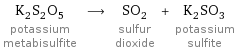 K_2S_2O_5 potassium metabisulfite ⟶ SO_2 sulfur dioxide + K_2SO_3 potassium sulfite