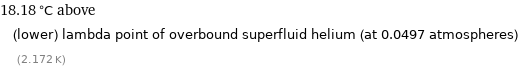 18.18 °C above (lower) lambda point of overbound superfluid helium (at 0.0497 atmospheres) (2.172 K)