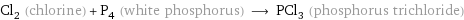 Cl_2 (chlorine) + P_4 (white phosphorus) ⟶ PCl_3 (phosphorus trichloride)