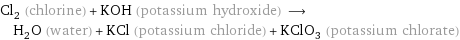Cl_2 (chlorine) + KOH (potassium hydroxide) ⟶ H_2O (water) + KCl (potassium chloride) + KClO_3 (potassium chlorate)