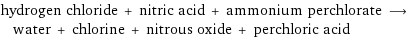 hydrogen chloride + nitric acid + ammonium perchlorate ⟶ water + chlorine + nitrous oxide + perchloric acid