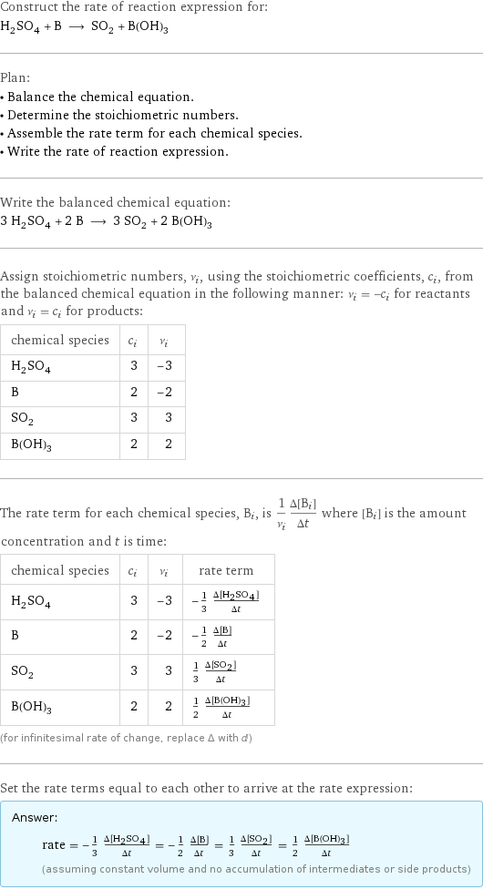 Construct the rate of reaction expression for: H_2SO_4 + B ⟶ SO_2 + B(OH)_3 Plan: • Balance the chemical equation. • Determine the stoichiometric numbers. • Assemble the rate term for each chemical species. • Write the rate of reaction expression. Write the balanced chemical equation: 3 H_2SO_4 + 2 B ⟶ 3 SO_2 + 2 B(OH)_3 Assign stoichiometric numbers, ν_i, using the stoichiometric coefficients, c_i, from the balanced chemical equation in the following manner: ν_i = -c_i for reactants and ν_i = c_i for products: chemical species | c_i | ν_i H_2SO_4 | 3 | -3 B | 2 | -2 SO_2 | 3 | 3 B(OH)_3 | 2 | 2 The rate term for each chemical species, B_i, is 1/ν_i(Δ[B_i])/(Δt) where [B_i] is the amount concentration and t is time: chemical species | c_i | ν_i | rate term H_2SO_4 | 3 | -3 | -1/3 (Δ[H2SO4])/(Δt) B | 2 | -2 | -1/2 (Δ[B])/(Δt) SO_2 | 3 | 3 | 1/3 (Δ[SO2])/(Δt) B(OH)_3 | 2 | 2 | 1/2 (Δ[B(OH)3])/(Δt) (for infinitesimal rate of change, replace Δ with d) Set the rate terms equal to each other to arrive at the rate expression: Answer: |   | rate = -1/3 (Δ[H2SO4])/(Δt) = -1/2 (Δ[B])/(Δt) = 1/3 (Δ[SO2])/(Δt) = 1/2 (Δ[B(OH)3])/(Δt) (assuming constant volume and no accumulation of intermediates or side products)