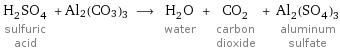 H_2SO_4 sulfuric acid + Al2(CO3)3 ⟶ H_2O water + CO_2 carbon dioxide + Al_2(SO_4)_3 aluminum sulfate
