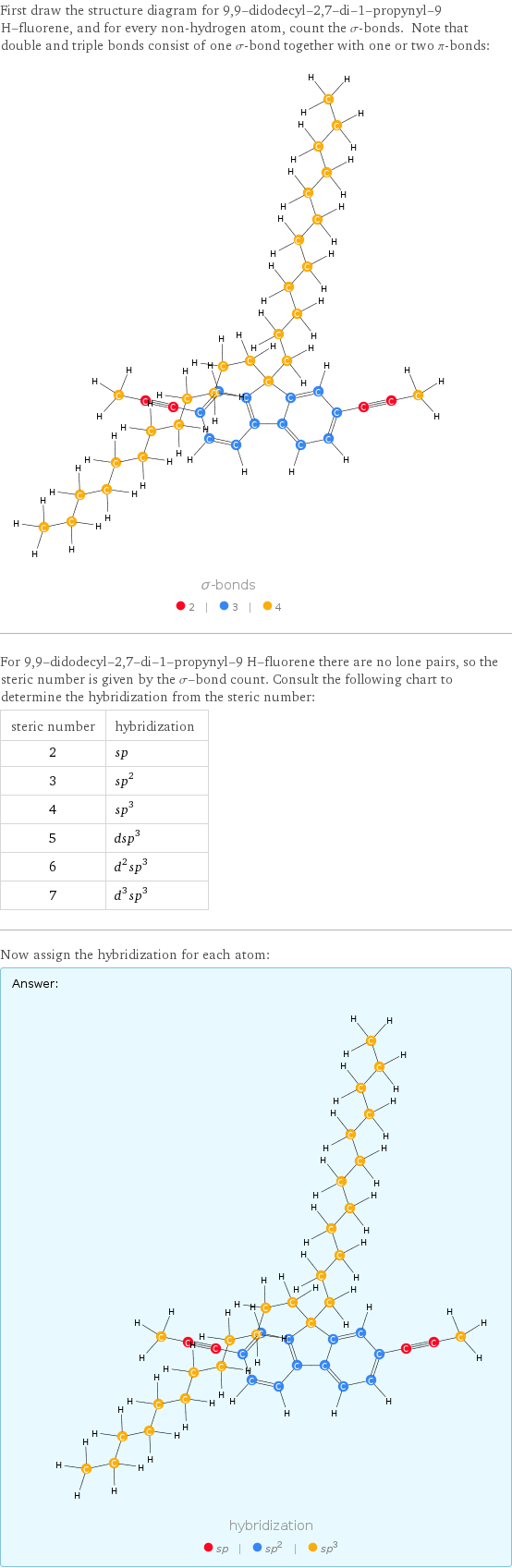 First draw the structure diagram for 9, 9-didodecyl-2, 7-di-1-propynyl-9 H-fluorene, and for every non-hydrogen atom, count the σ-bonds. Note that double and triple bonds consist of one σ-bond together with one or two π-bonds:  For 9, 9-didodecyl-2, 7-di-1-propynyl-9 H-fluorene there are no lone pairs, so the steric number is given by the σ-bond count. Consult the following chart to determine the hybridization from the steric number: steric number | hybridization 2 | sp 3 | sp^2 4 | sp^3 5 | dsp^3 6 | d^2sp^3 7 | d^3sp^3 Now assign the hybridization for each atom: Answer: |   | 