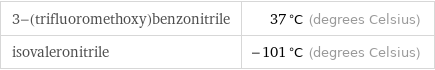 3-(trifluoromethoxy)benzonitrile | 37 °C (degrees Celsius) isovaleronitrile | -101 °C (degrees Celsius)