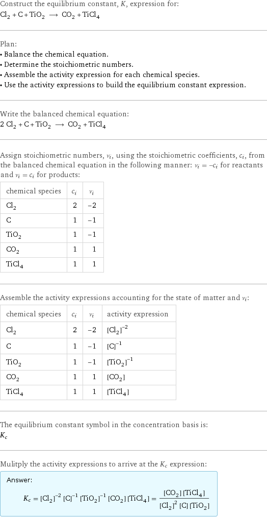 Construct the equilibrium constant, K, expression for: Cl_2 + C + TiO_2 ⟶ CO_2 + TiCl_4 Plan: • Balance the chemical equation. • Determine the stoichiometric numbers. • Assemble the activity expression for each chemical species. • Use the activity expressions to build the equilibrium constant expression. Write the balanced chemical equation: 2 Cl_2 + C + TiO_2 ⟶ CO_2 + TiCl_4 Assign stoichiometric numbers, ν_i, using the stoichiometric coefficients, c_i, from the balanced chemical equation in the following manner: ν_i = -c_i for reactants and ν_i = c_i for products: chemical species | c_i | ν_i Cl_2 | 2 | -2 C | 1 | -1 TiO_2 | 1 | -1 CO_2 | 1 | 1 TiCl_4 | 1 | 1 Assemble the activity expressions accounting for the state of matter and ν_i: chemical species | c_i | ν_i | activity expression Cl_2 | 2 | -2 | ([Cl2])^(-2) C | 1 | -1 | ([C])^(-1) TiO_2 | 1 | -1 | ([TiO2])^(-1) CO_2 | 1 | 1 | [CO2] TiCl_4 | 1 | 1 | [TiCl4] The equilibrium constant symbol in the concentration basis is: K_c Mulitply the activity expressions to arrive at the K_c expression: Answer: |   | K_c = ([Cl2])^(-2) ([C])^(-1) ([TiO2])^(-1) [CO2] [TiCl4] = ([CO2] [TiCl4])/(([Cl2])^2 [C] [TiO2])