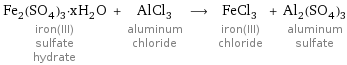 Fe_2(SO_4)_3·xH_2O iron(III) sulfate hydrate + AlCl_3 aluminum chloride ⟶ FeCl_3 iron(III) chloride + Al_2(SO_4)_3 aluminum sulfate