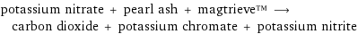 potassium nitrate + pearl ash + magtrieve™ ⟶ carbon dioxide + potassium chromate + potassium nitrite