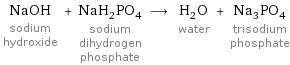 NaOH sodium hydroxide + NaH_2PO_4 sodium dihydrogen phosphate ⟶ H_2O water + Na_3PO_4 trisodium phosphate