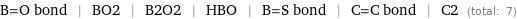 B=O bond | BO2 | B2O2 | HBO | B=S bond | C=C bond | C2 (total: 7)