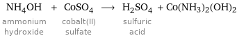 NH_4OH ammonium hydroxide + CoSO_4 cobalt(II) sulfate ⟶ H_2SO_4 sulfuric acid + Co(NH3)2(OH)2