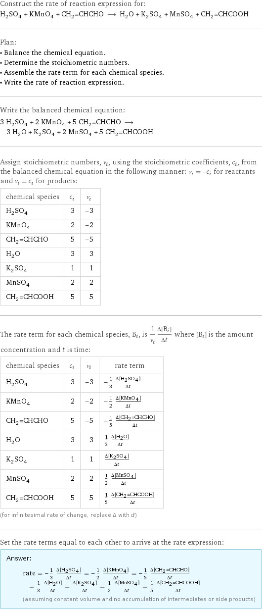 Construct the rate of reaction expression for: H_2SO_4 + KMnO_4 + CH_2=CHCHO ⟶ H_2O + K_2SO_4 + MnSO_4 + CH_2=CHCOOH Plan: • Balance the chemical equation. • Determine the stoichiometric numbers. • Assemble the rate term for each chemical species. • Write the rate of reaction expression. Write the balanced chemical equation: 3 H_2SO_4 + 2 KMnO_4 + 5 CH_2=CHCHO ⟶ 3 H_2O + K_2SO_4 + 2 MnSO_4 + 5 CH_2=CHCOOH Assign stoichiometric numbers, ν_i, using the stoichiometric coefficients, c_i, from the balanced chemical equation in the following manner: ν_i = -c_i for reactants and ν_i = c_i for products: chemical species | c_i | ν_i H_2SO_4 | 3 | -3 KMnO_4 | 2 | -2 CH_2=CHCHO | 5 | -5 H_2O | 3 | 3 K_2SO_4 | 1 | 1 MnSO_4 | 2 | 2 CH_2=CHCOOH | 5 | 5 The rate term for each chemical species, B_i, is 1/ν_i(Δ[B_i])/(Δt) where [B_i] is the amount concentration and t is time: chemical species | c_i | ν_i | rate term H_2SO_4 | 3 | -3 | -1/3 (Δ[H2SO4])/(Δt) KMnO_4 | 2 | -2 | -1/2 (Δ[KMnO4])/(Δt) CH_2=CHCHO | 5 | -5 | -1/5 (Δ[CH2=CHCHO])/(Δt) H_2O | 3 | 3 | 1/3 (Δ[H2O])/(Δt) K_2SO_4 | 1 | 1 | (Δ[K2SO4])/(Δt) MnSO_4 | 2 | 2 | 1/2 (Δ[MnSO4])/(Δt) CH_2=CHCOOH | 5 | 5 | 1/5 (Δ[CH2=CHCOOH])/(Δt) (for infinitesimal rate of change, replace Δ with d) Set the rate terms equal to each other to arrive at the rate expression: Answer: |   | rate = -1/3 (Δ[H2SO4])/(Δt) = -1/2 (Δ[KMnO4])/(Δt) = -1/5 (Δ[CH2=CHCHO])/(Δt) = 1/3 (Δ[H2O])/(Δt) = (Δ[K2SO4])/(Δt) = 1/2 (Δ[MnSO4])/(Δt) = 1/5 (Δ[CH2=CHCOOH])/(Δt) (assuming constant volume and no accumulation of intermediates or side products)