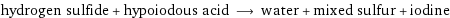 hydrogen sulfide + hypoiodous acid ⟶ water + mixed sulfur + iodine