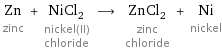 Zn zinc + NiCl_2 nickel(II) chloride ⟶ ZnCl_2 zinc chloride + Ni nickel