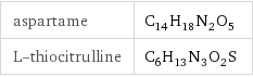 aspartame | C_14H_18N_2O_5 L-thiocitrulline | C_6H_13N_3O_2S