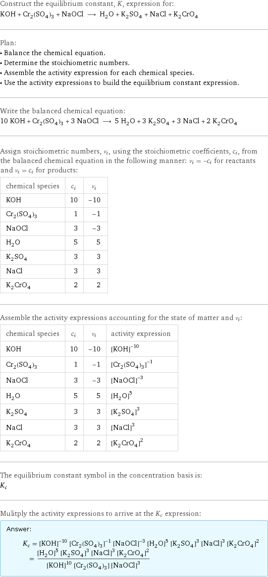 Construct the equilibrium constant, K, expression for: KOH + Cr_2(SO_4)_3 + NaOCl ⟶ H_2O + K_2SO_4 + NaCl + K_2CrO_4 Plan: • Balance the chemical equation. • Determine the stoichiometric numbers. • Assemble the activity expression for each chemical species. • Use the activity expressions to build the equilibrium constant expression. Write the balanced chemical equation: 10 KOH + Cr_2(SO_4)_3 + 3 NaOCl ⟶ 5 H_2O + 3 K_2SO_4 + 3 NaCl + 2 K_2CrO_4 Assign stoichiometric numbers, ν_i, using the stoichiometric coefficients, c_i, from the balanced chemical equation in the following manner: ν_i = -c_i for reactants and ν_i = c_i for products: chemical species | c_i | ν_i KOH | 10 | -10 Cr_2(SO_4)_3 | 1 | -1 NaOCl | 3 | -3 H_2O | 5 | 5 K_2SO_4 | 3 | 3 NaCl | 3 | 3 K_2CrO_4 | 2 | 2 Assemble the activity expressions accounting for the state of matter and ν_i: chemical species | c_i | ν_i | activity expression KOH | 10 | -10 | ([KOH])^(-10) Cr_2(SO_4)_3 | 1 | -1 | ([Cr2(SO4)3])^(-1) NaOCl | 3 | -3 | ([NaOCl])^(-3) H_2O | 5 | 5 | ([H2O])^5 K_2SO_4 | 3 | 3 | ([K2SO4])^3 NaCl | 3 | 3 | ([NaCl])^3 K_2CrO_4 | 2 | 2 | ([K2CrO4])^2 The equilibrium constant symbol in the concentration basis is: K_c Mulitply the activity expressions to arrive at the K_c expression: Answer: |   | K_c = ([KOH])^(-10) ([Cr2(SO4)3])^(-1) ([NaOCl])^(-3) ([H2O])^5 ([K2SO4])^3 ([NaCl])^3 ([K2CrO4])^2 = (([H2O])^5 ([K2SO4])^3 ([NaCl])^3 ([K2CrO4])^2)/(([KOH])^10 [Cr2(SO4)3] ([NaOCl])^3)