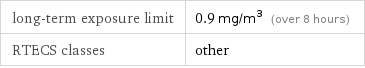 long-term exposure limit | 0.9 mg/m^3 (over 8 hours) RTECS classes | other