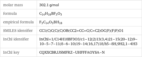 molar mass | 302.1 g/mol formula | C_14H_18BF_3O_3 empirical formula | F_3C_14O_3B_H_18 SMILES identifier | CC1(C)C(C)(C)OB(CC2=CC=C(C=C2)OC(F)(F)F)O1 InChI identifier | InChI=1/C14H18BF3O3/c1-12(2)13(3, 4)21-15(20-12)9-10-5-7-11(8-6-10)19-14(16, 17)18/h5-8H, 9H2, 1-4H3 InChI key | CQXXCBRJJSMFRZ-UHFFFAOYSA-N