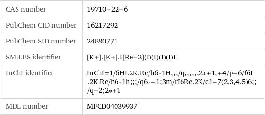 CAS number | 19710-22-6 PubChem CID number | 16217292 PubChem SID number | 24880771 SMILES identifier | [K+].[K+].I[Re-2](I)(I)(I)(I)I InChI identifier | InChI=1/6HI.2K.Re/h6*1H;;;/q;;;;;;2*+1;+4/p-6/f6I.2K.Re/h6*1h;;;/q6*-1;3m/rI6Re.2K/c1-7(2, 3, 4, 5)6;;/q-2;2*+1 MDL number | MFCD04039937