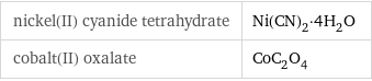 nickel(II) cyanide tetrahydrate | Ni(CN)_2·4H_2O cobalt(II) oxalate | CoC_2O_4