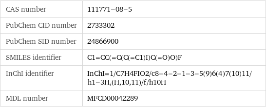 CAS number | 111771-08-5 PubChem CID number | 2733302 PubChem SID number | 24866900 SMILES identifier | C1=CC(=C(C(=C1)I)C(=O)O)F InChI identifier | InChI=1/C7H4FIO2/c8-4-2-1-3-5(9)6(4)7(10)11/h1-3H, (H, 10, 11)/f/h10H MDL number | MFCD00042289