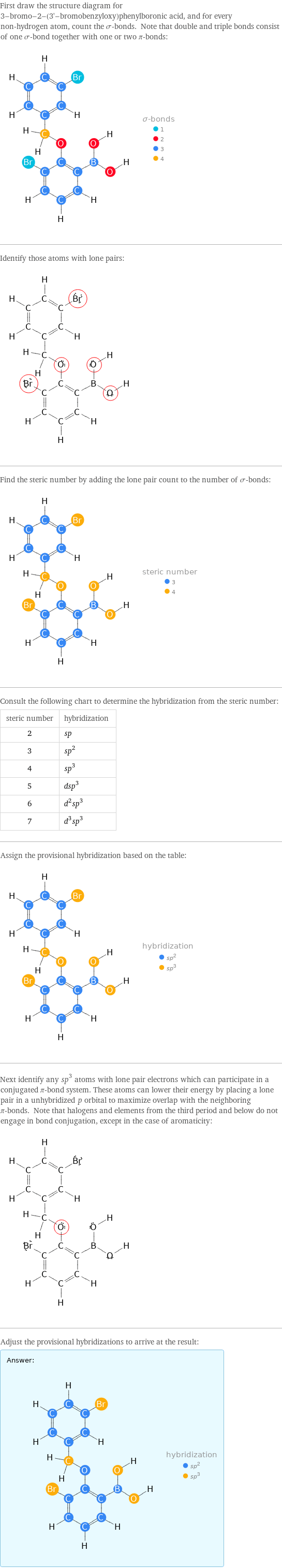 First draw the structure diagram for 3-bromo-2-(3'-bromobenzyloxy)phenylboronic acid, and for every non-hydrogen atom, count the σ-bonds. Note that double and triple bonds consist of one σ-bond together with one or two π-bonds:  Identify those atoms with lone pairs:  Find the steric number by adding the lone pair count to the number of σ-bonds:  Consult the following chart to determine the hybridization from the steric number: steric number | hybridization 2 | sp 3 | sp^2 4 | sp^3 5 | dsp^3 6 | d^2sp^3 7 | d^3sp^3 Assign the provisional hybridization based on the table:  Next identify any sp^3 atoms with lone pair electrons which can participate in a conjugated π-bond system. These atoms can lower their energy by placing a lone pair in a unhybridized p orbital to maximize overlap with the neighboring π-bonds. Note that halogens and elements from the third period and below do not engage in bond conjugation, except in the case of aromaticity:  Adjust the provisional hybridizations to arrive at the result: Answer: |   | 