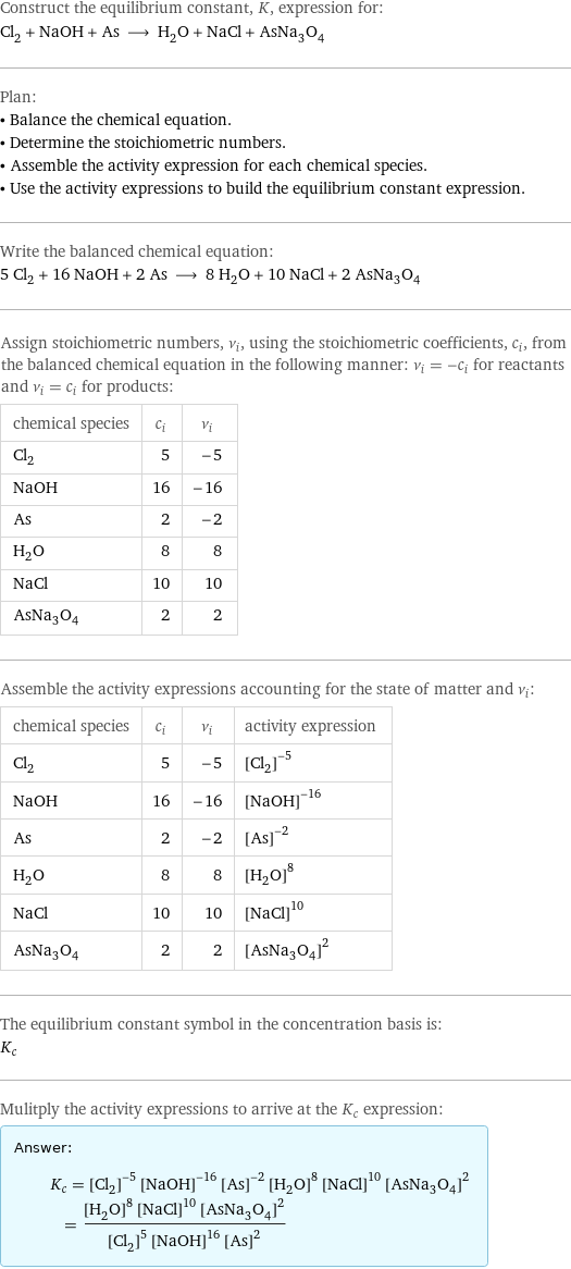 Construct the equilibrium constant, K, expression for: Cl_2 + NaOH + As ⟶ H_2O + NaCl + AsNa_3O_4 Plan: • Balance the chemical equation. • Determine the stoichiometric numbers. • Assemble the activity expression for each chemical species. • Use the activity expressions to build the equilibrium constant expression. Write the balanced chemical equation: 5 Cl_2 + 16 NaOH + 2 As ⟶ 8 H_2O + 10 NaCl + 2 AsNa_3O_4 Assign stoichiometric numbers, ν_i, using the stoichiometric coefficients, c_i, from the balanced chemical equation in the following manner: ν_i = -c_i for reactants and ν_i = c_i for products: chemical species | c_i | ν_i Cl_2 | 5 | -5 NaOH | 16 | -16 As | 2 | -2 H_2O | 8 | 8 NaCl | 10 | 10 AsNa_3O_4 | 2 | 2 Assemble the activity expressions accounting for the state of matter and ν_i: chemical species | c_i | ν_i | activity expression Cl_2 | 5 | -5 | ([Cl2])^(-5) NaOH | 16 | -16 | ([NaOH])^(-16) As | 2 | -2 | ([As])^(-2) H_2O | 8 | 8 | ([H2O])^8 NaCl | 10 | 10 | ([NaCl])^10 AsNa_3O_4 | 2 | 2 | ([AsNa3O4])^2 The equilibrium constant symbol in the concentration basis is: K_c Mulitply the activity expressions to arrive at the K_c expression: Answer: |   | K_c = ([Cl2])^(-5) ([NaOH])^(-16) ([As])^(-2) ([H2O])^8 ([NaCl])^10 ([AsNa3O4])^2 = (([H2O])^8 ([NaCl])^10 ([AsNa3O4])^2)/(([Cl2])^5 ([NaOH])^16 ([As])^2)