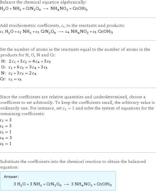 Balance the chemical equation algebraically: H_2O + NH_3 + CrN_3O_9 ⟶ NH_4NO_3 + Cr(OH)3 Add stoichiometric coefficients, c_i, to the reactants and products: c_1 H_2O + c_2 NH_3 + c_3 CrN_3O_9 ⟶ c_4 NH_4NO_3 + c_5 Cr(OH)3 Set the number of atoms in the reactants equal to the number of atoms in the products for H, O, N and Cr: H: | 2 c_1 + 3 c_2 = 4 c_4 + 3 c_5 O: | c_1 + 9 c_3 = 3 c_4 + 3 c_5 N: | c_2 + 3 c_3 = 2 c_4 Cr: | c_3 = c_5 Since the coefficients are relative quantities and underdetermined, choose a coefficient to set arbitrarily. To keep the coefficients small, the arbitrary value is ordinarily one. For instance, set c_3 = 1 and solve the system of equations for the remaining coefficients: c_1 = 3 c_2 = 3 c_3 = 1 c_4 = 3 c_5 = 1 Substitute the coefficients into the chemical reaction to obtain the balanced equation: Answer: |   | 3 H_2O + 3 NH_3 + CrN_3O_9 ⟶ 3 NH_4NO_3 + Cr(OH)3