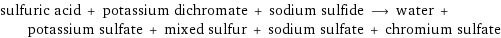 sulfuric acid + potassium dichromate + sodium sulfide ⟶ water + potassium sulfate + mixed sulfur + sodium sulfate + chromium sulfate