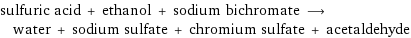 sulfuric acid + ethanol + sodium bichromate ⟶ water + sodium sulfate + chromium sulfate + acetaldehyde