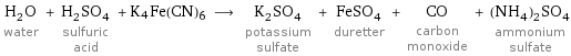 H_2O water + H_2SO_4 sulfuric acid + K4Fe(CN)6 ⟶ K_2SO_4 potassium sulfate + FeSO_4 duretter + CO carbon monoxide + (NH_4)_2SO_4 ammonium sulfate