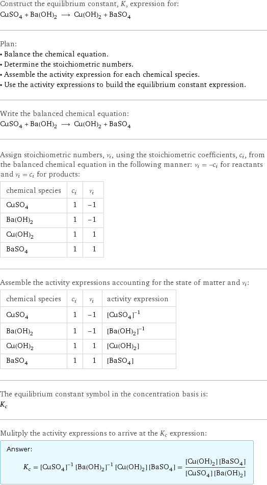 Construct the equilibrium constant, K, expression for: CuSO_4 + Ba(OH)_2 ⟶ Cu(OH)_2 + BaSO_4 Plan: • Balance the chemical equation. • Determine the stoichiometric numbers. • Assemble the activity expression for each chemical species. • Use the activity expressions to build the equilibrium constant expression. Write the balanced chemical equation: CuSO_4 + Ba(OH)_2 ⟶ Cu(OH)_2 + BaSO_4 Assign stoichiometric numbers, ν_i, using the stoichiometric coefficients, c_i, from the balanced chemical equation in the following manner: ν_i = -c_i for reactants and ν_i = c_i for products: chemical species | c_i | ν_i CuSO_4 | 1 | -1 Ba(OH)_2 | 1 | -1 Cu(OH)_2 | 1 | 1 BaSO_4 | 1 | 1 Assemble the activity expressions accounting for the state of matter and ν_i: chemical species | c_i | ν_i | activity expression CuSO_4 | 1 | -1 | ([CuSO4])^(-1) Ba(OH)_2 | 1 | -1 | ([Ba(OH)2])^(-1) Cu(OH)_2 | 1 | 1 | [Cu(OH)2] BaSO_4 | 1 | 1 | [BaSO4] The equilibrium constant symbol in the concentration basis is: K_c Mulitply the activity expressions to arrive at the K_c expression: Answer: |   | K_c = ([CuSO4])^(-1) ([Ba(OH)2])^(-1) [Cu(OH)2] [BaSO4] = ([Cu(OH)2] [BaSO4])/([CuSO4] [Ba(OH)2])