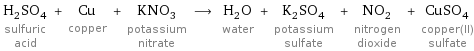 H_2SO_4 sulfuric acid + Cu copper + KNO_3 potassium nitrate ⟶ H_2O water + K_2SO_4 potassium sulfate + NO_2 nitrogen dioxide + CuSO_4 copper(II) sulfate