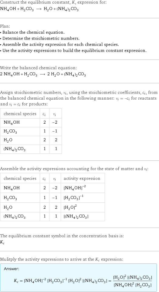 Construct the equilibrium constant, K, expression for: NH_4OH + H_2CO_3 ⟶ H_2O + (NH_4)_2CO_3 Plan: • Balance the chemical equation. • Determine the stoichiometric numbers. • Assemble the activity expression for each chemical species. • Use the activity expressions to build the equilibrium constant expression. Write the balanced chemical equation: 2 NH_4OH + H_2CO_3 ⟶ 2 H_2O + (NH_4)_2CO_3 Assign stoichiometric numbers, ν_i, using the stoichiometric coefficients, c_i, from the balanced chemical equation in the following manner: ν_i = -c_i for reactants and ν_i = c_i for products: chemical species | c_i | ν_i NH_4OH | 2 | -2 H_2CO_3 | 1 | -1 H_2O | 2 | 2 (NH_4)_2CO_3 | 1 | 1 Assemble the activity expressions accounting for the state of matter and ν_i: chemical species | c_i | ν_i | activity expression NH_4OH | 2 | -2 | ([NH4OH])^(-2) H_2CO_3 | 1 | -1 | ([H2CO3])^(-1) H_2O | 2 | 2 | ([H2O])^2 (NH_4)_2CO_3 | 1 | 1 | [(NH4)2CO3] The equilibrium constant symbol in the concentration basis is: K_c Mulitply the activity expressions to arrive at the K_c expression: Answer: |   | K_c = ([NH4OH])^(-2) ([H2CO3])^(-1) ([H2O])^2 [(NH4)2CO3] = (([H2O])^2 [(NH4)2CO3])/(([NH4OH])^2 [H2CO3])