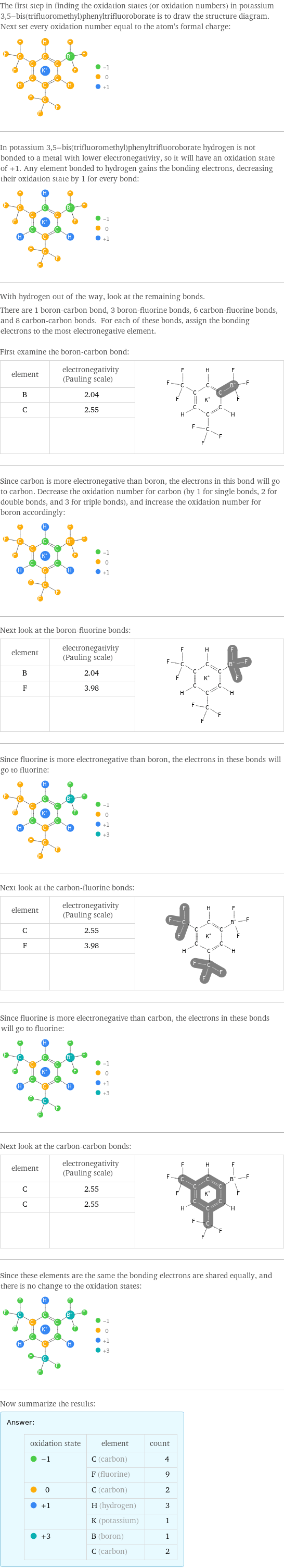 The first step in finding the oxidation states (or oxidation numbers) in potassium 3, 5-bis(trifluoromethyl)phenyltrifluoroborate is to draw the structure diagram. Next set every oxidation number equal to the atom's formal charge:  In potassium 3, 5-bis(trifluoromethyl)phenyltrifluoroborate hydrogen is not bonded to a metal with lower electronegativity, so it will have an oxidation state of +1. Any element bonded to hydrogen gains the bonding electrons, decreasing their oxidation state by 1 for every bond:  With hydrogen out of the way, look at the remaining bonds. There are 1 boron-carbon bond, 3 boron-fluorine bonds, 6 carbon-fluorine bonds, and 8 carbon-carbon bonds. For each of these bonds, assign the bonding electrons to the most electronegative element.  First examine the boron-carbon bond: element | electronegativity (Pauling scale) |  B | 2.04 |  C | 2.55 |   | |  Since carbon is more electronegative than boron, the electrons in this bond will go to carbon. Decrease the oxidation number for carbon (by 1 for single bonds, 2 for double bonds, and 3 for triple bonds), and increase the oxidation number for boron accordingly:  Next look at the boron-fluorine bonds: element | electronegativity (Pauling scale) |  B | 2.04 |  F | 3.98 |   | |  Since fluorine is more electronegative than boron, the electrons in these bonds will go to fluorine:  Next look at the carbon-fluorine bonds: element | electronegativity (Pauling scale) |  C | 2.55 |  F | 3.98 |   | |  Since fluorine is more electronegative than carbon, the electrons in these bonds will go to fluorine:  Next look at the carbon-carbon bonds: element | electronegativity (Pauling scale) |  C | 2.55 |  C | 2.55 |   | |  Since these elements are the same the bonding electrons are shared equally, and there is no change to the oxidation states:  Now summarize the results: Answer: |   | oxidation state | element | count  -1 | C (carbon) | 4  | F (fluorine) | 9  0 | C (carbon) | 2  +1 | H (hydrogen) | 3  | K (potassium) | 1  +3 | B (boron) | 1  | C (carbon) | 2